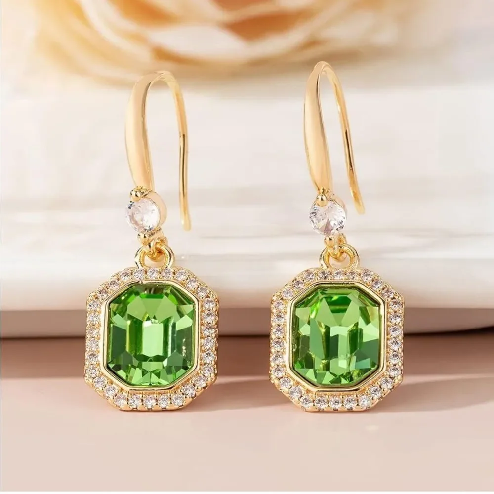 14K Yellow Gold with Fern Green Austrian Crystal Octagon Halo Hook Earrings